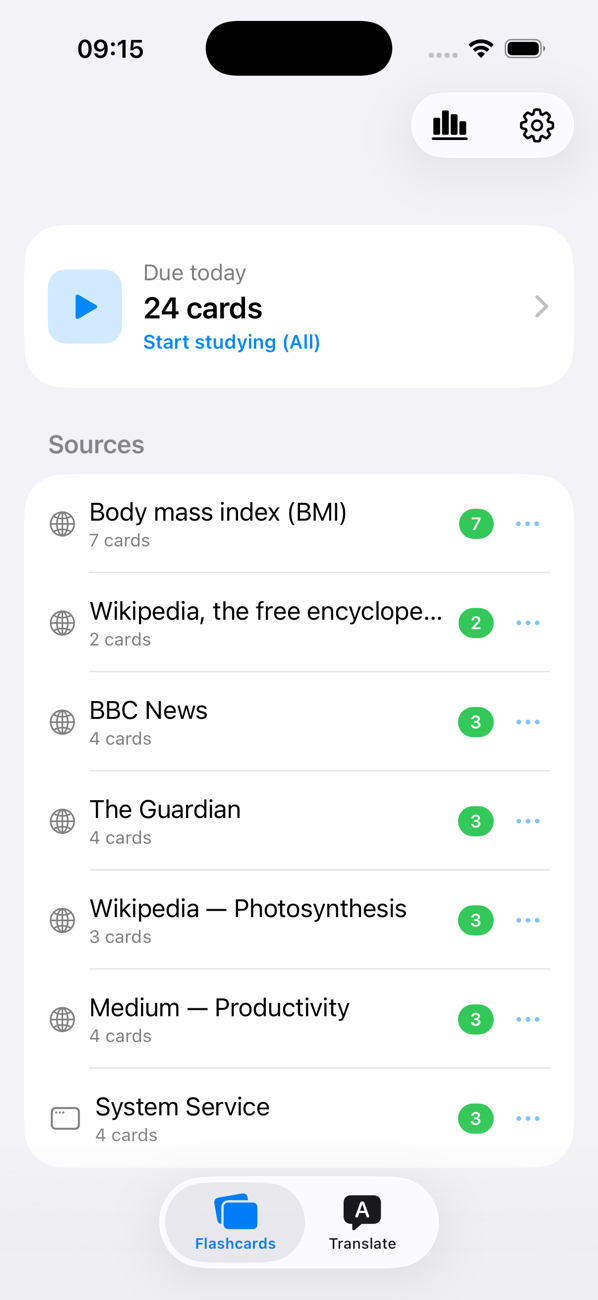 Chunkly flashcard decks grouped by source on iPhone