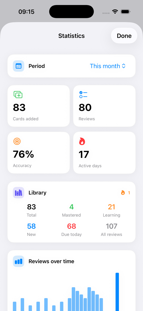 Chunkly study statistics showing cards added, reviews, accuracy and streak on iPhone