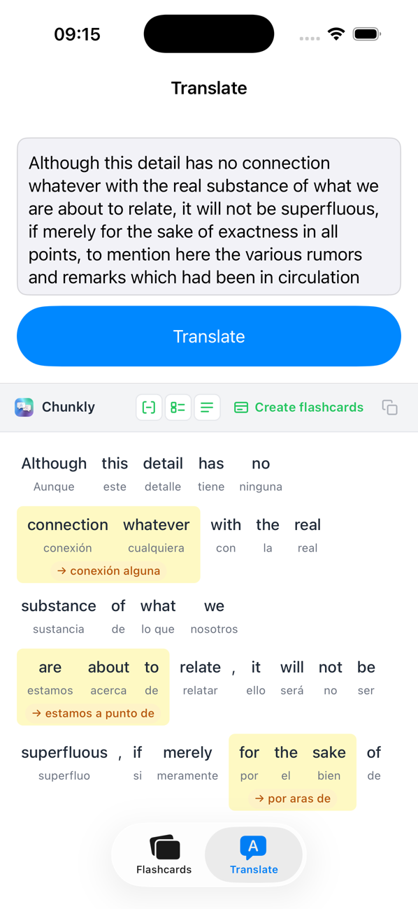Chunkly phrase-by-phrase translation on iPhone