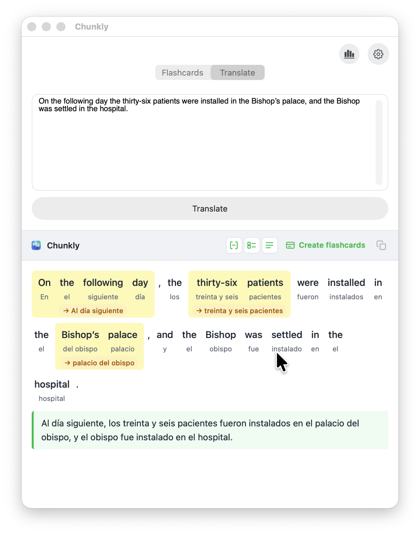 Chunkly Mac app translating a sentence into chunks