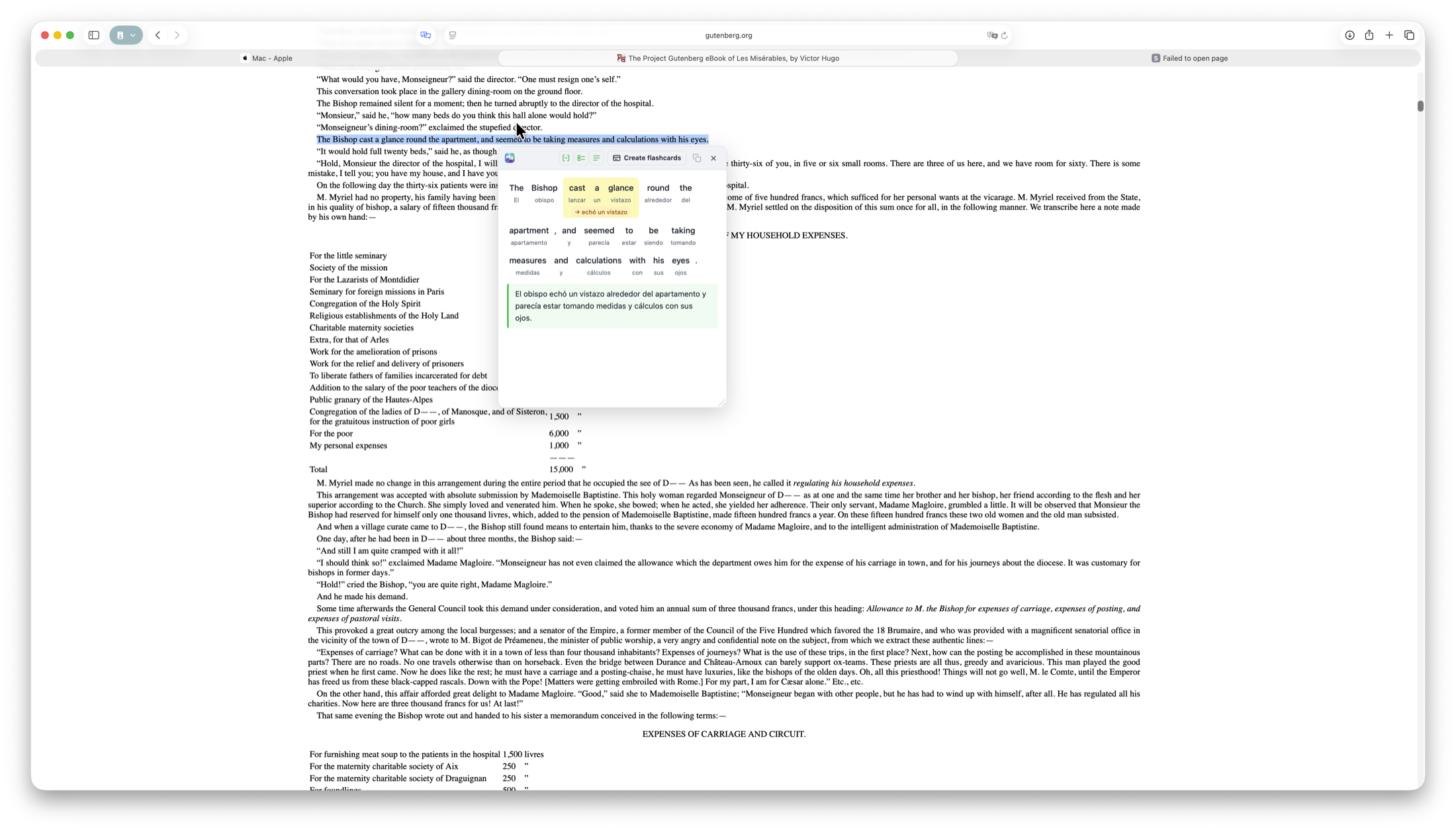 Chunkly translating selected text right inside Safari on Mac, broken into chunks with a full-sentence translation