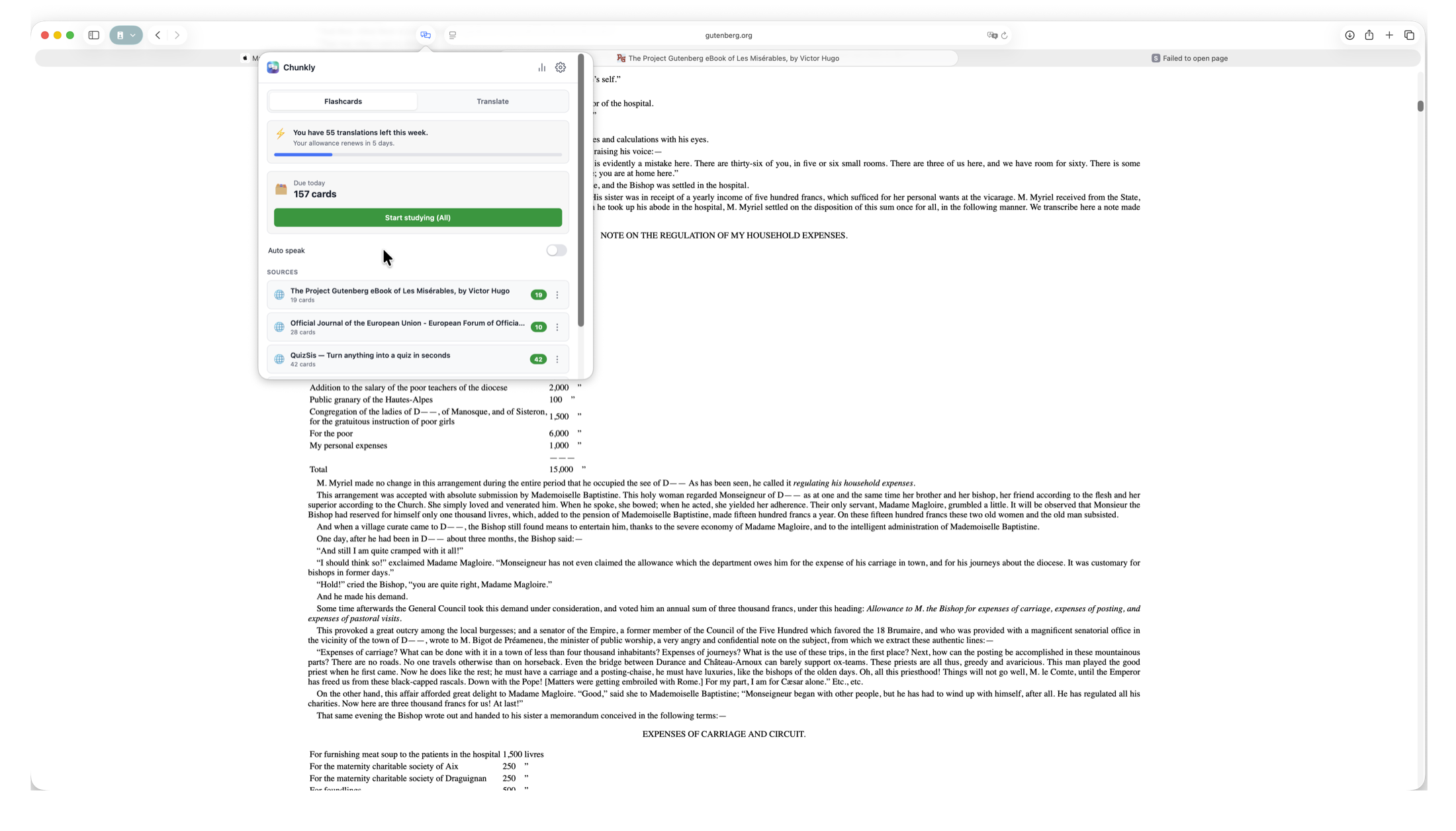 Chunkly Safari extension popover on Mac showing decks and translations left